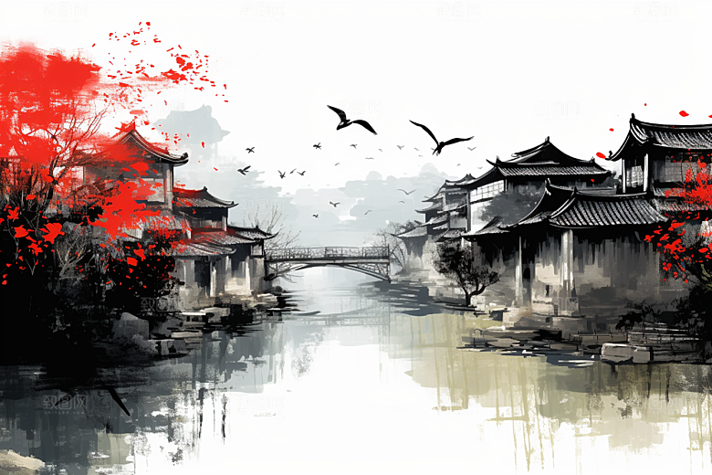 水墨江南手绘粉墙黛瓦插画