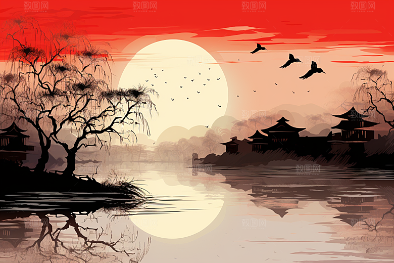 水墨江南小桥流水中式插画