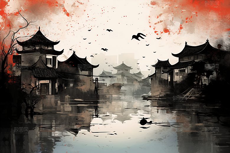 水墨江南水乡中式插画