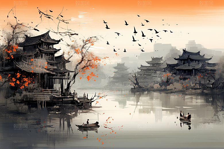 水墨江南小镇水彩插画