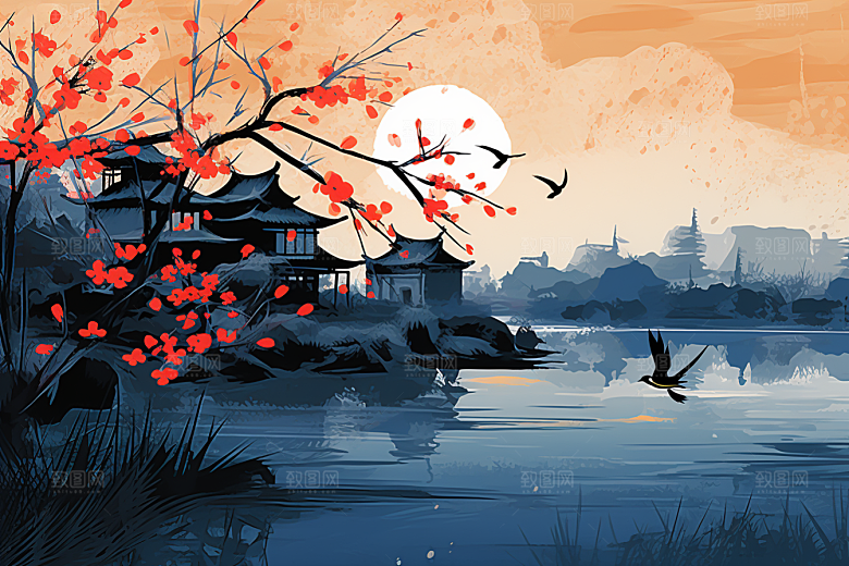 水墨江南小镇晕染插画