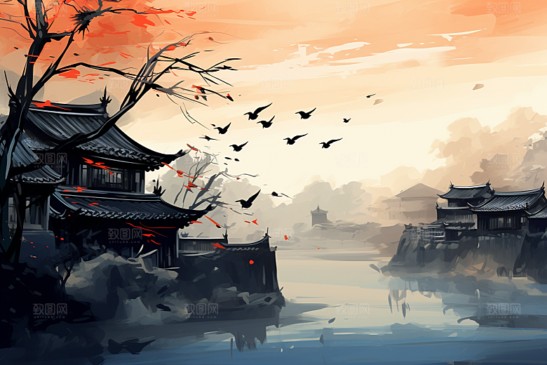 水墨江南晕染小桥流水插画
