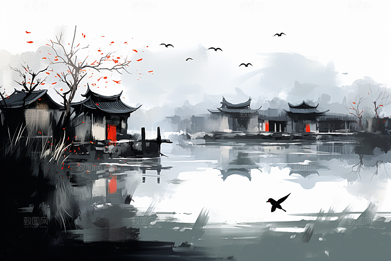 水墨江南中国风小桥流水插画