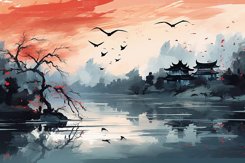 水墨江南水彩晕染插画