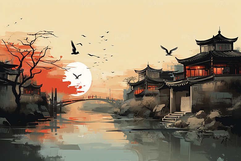 水墨江南手绘小镇插画