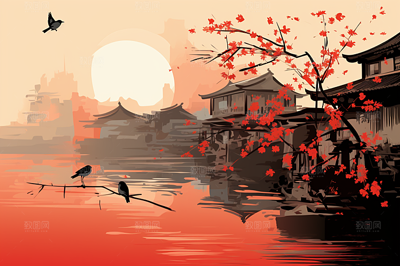 水墨江南水乡手绘插画