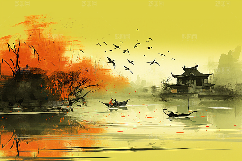 水墨江南水彩中国风插画