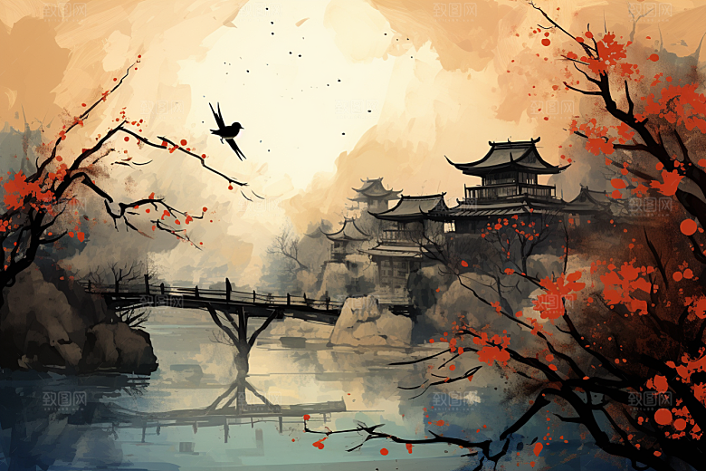 水墨江南小桥流水粉墙黛瓦插画