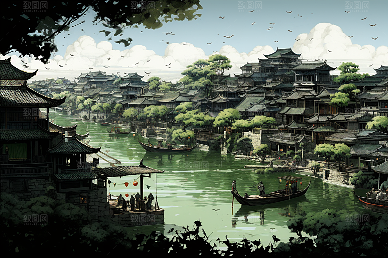 水墨江南手绘粉墙黛瓦插画