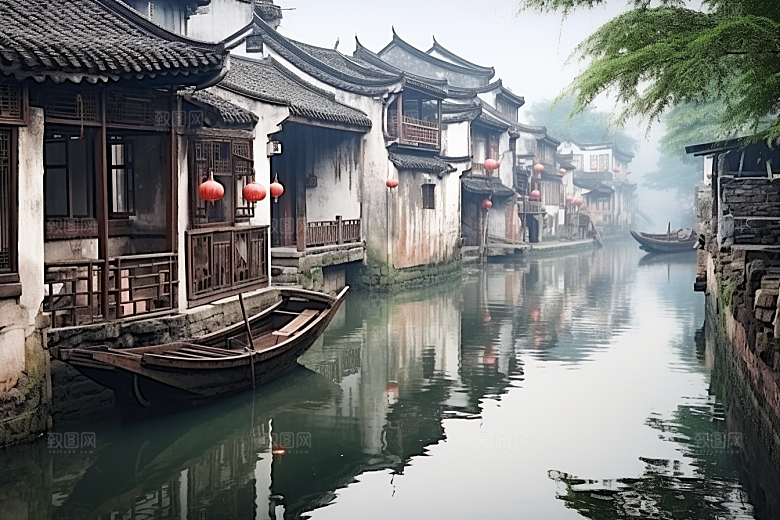 水墨江南小桥流水晕染插画