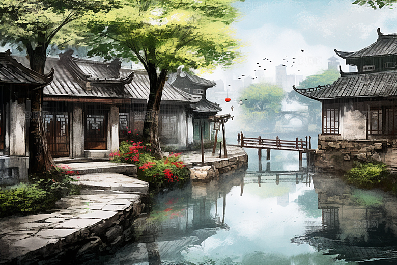 水墨江南小桥流水水乡插画