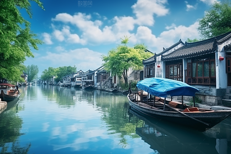 水墨江南小镇小桥流水插画