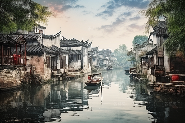 水墨江南小桥流水中国风插画