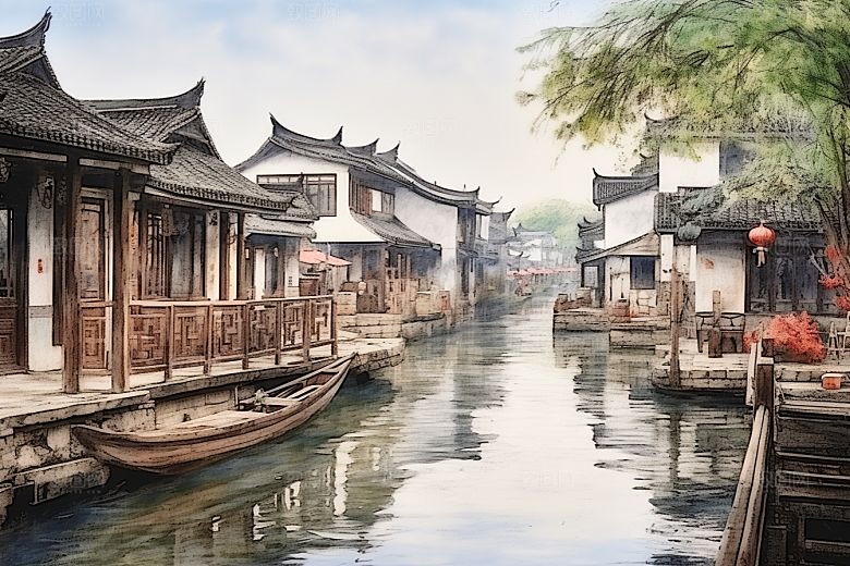水墨江南晕染水乡插画