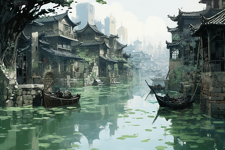 水墨江南晕染小桥流水插画