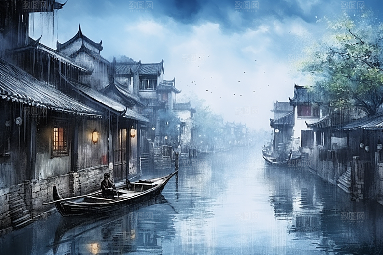 水墨江南小桥流水水乡插画