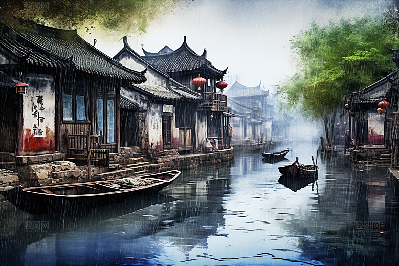 水墨江南中式粉墙黛瓦插画