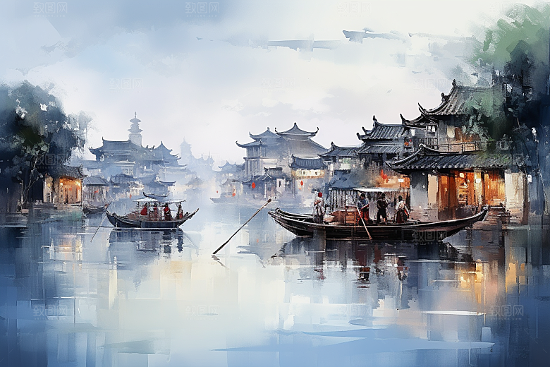 水墨江南小桥流水粉墙黛瓦插画
