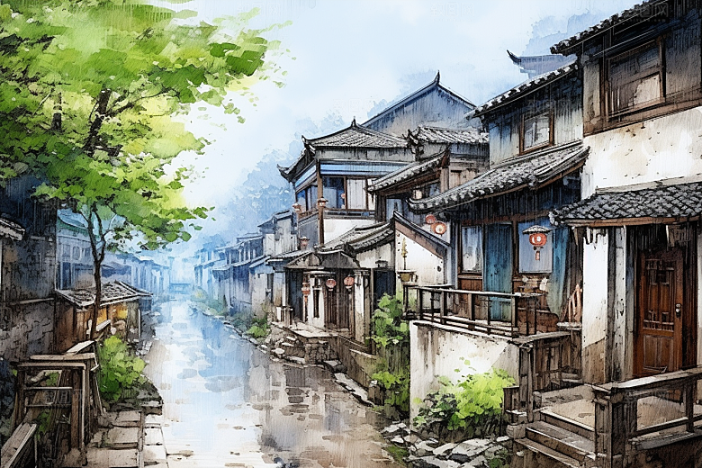 水墨江南粉墙黛瓦晕染插画