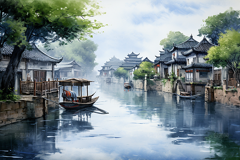 水墨江南水乡中式插画