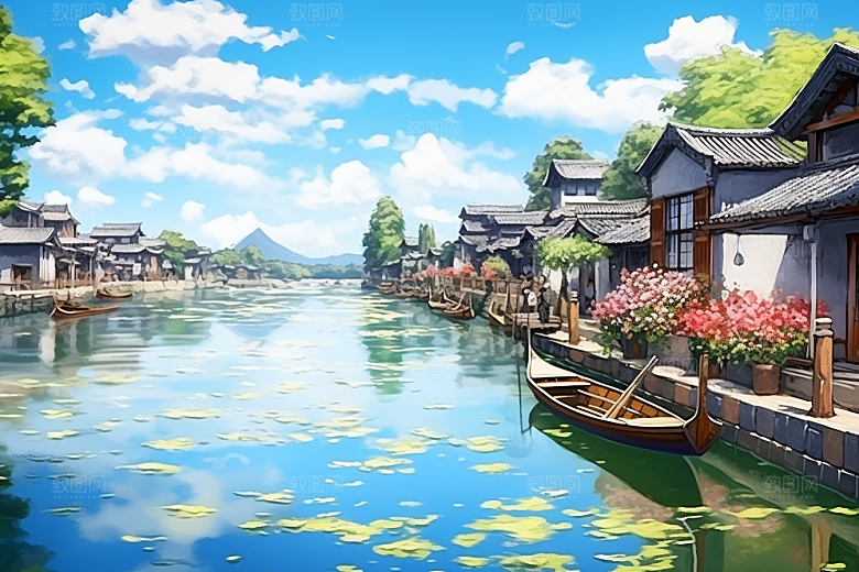 水墨江南水彩粉墙黛瓦插画