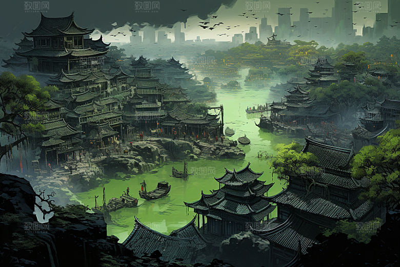 水墨江南中式小镇插画