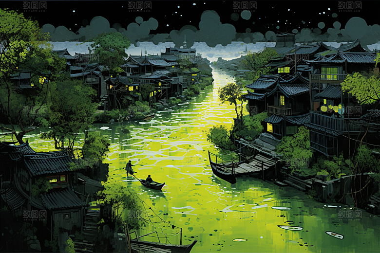 水墨江南粉墙黛瓦小镇插画