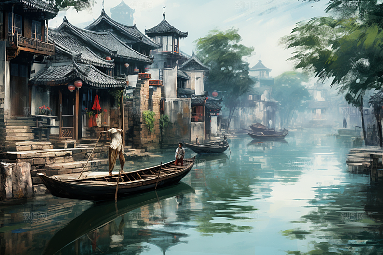 水墨江南中国风小镇插画