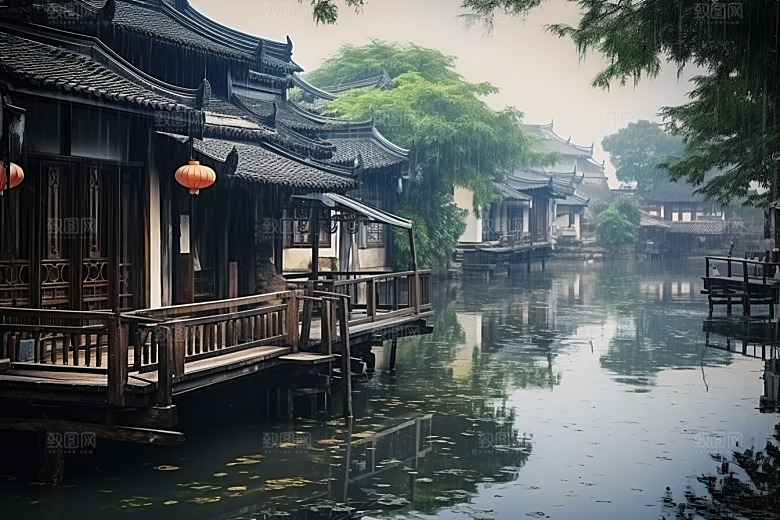 水墨江南中国风小镇插画