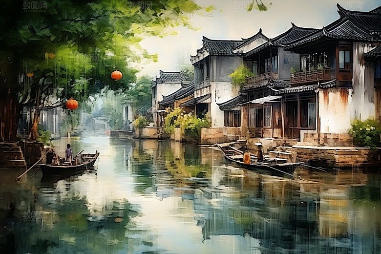 水墨江南小镇小桥流水插画