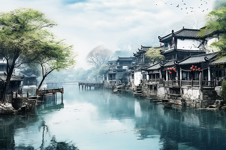 水墨江南水乡晕染插画