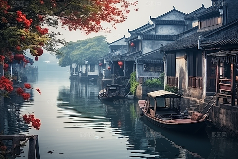 水墨江南粉墙黛瓦晕染插画