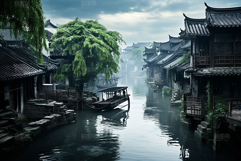 水墨江南小镇水乡插画