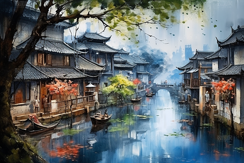 水墨江南水彩中式插画