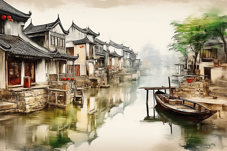 水墨江南手绘水彩插画