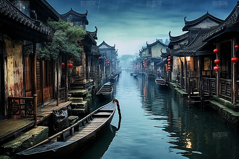 水墨江南晕染水彩插画