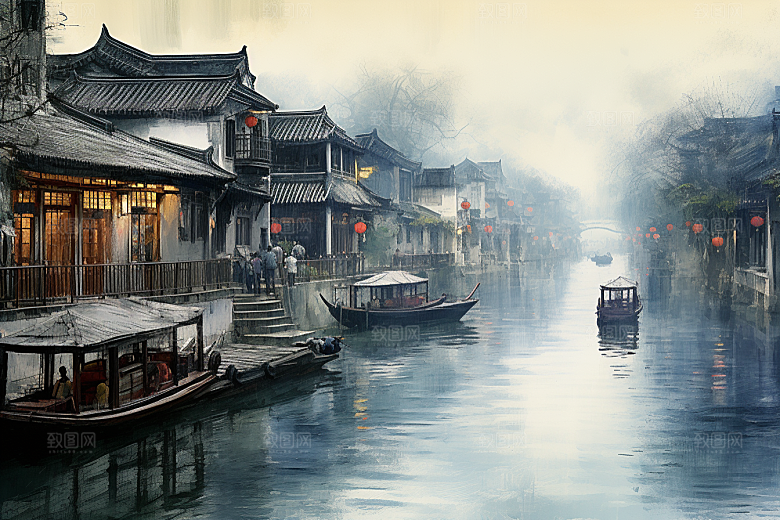 水墨江南中式粉墙黛瓦插画