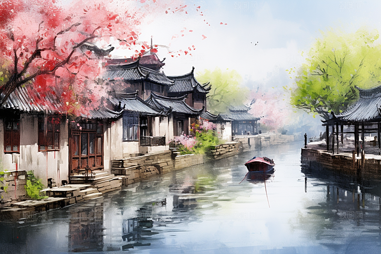 水墨江南水乡晕染插画