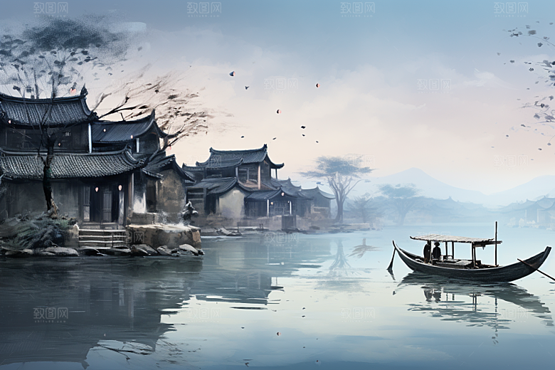 水墨江南小镇粉墙黛瓦插画