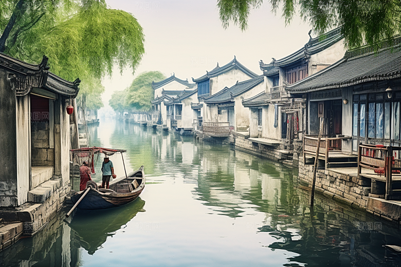 水墨江南晕染中国风插画