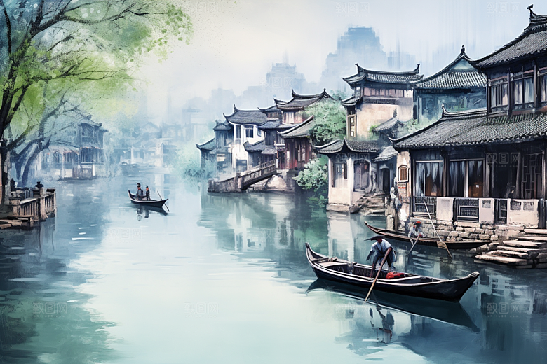 水墨江南小桥流水小镇插画
