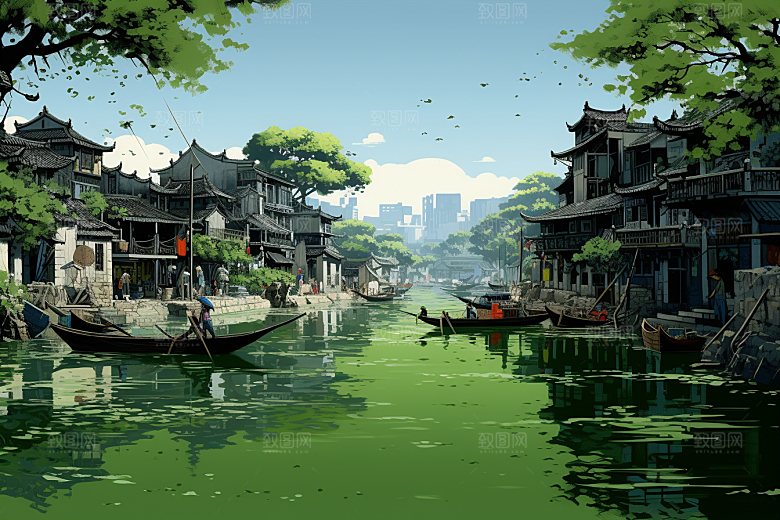 水墨江南水彩粉墙黛瓦插画