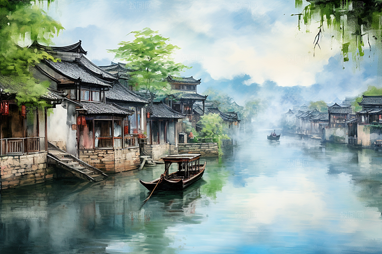 水墨江南小桥流水手绘插画