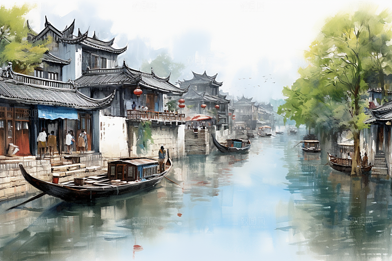 水墨江南小镇手绘插画