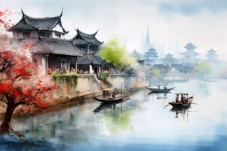 水墨江南小桥流水中式插画