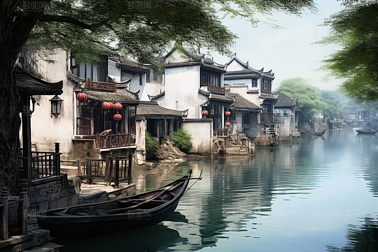 水墨江南中式水乡插画