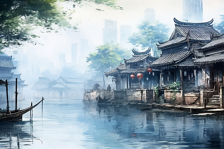 水墨江南小桥流水水彩插画
