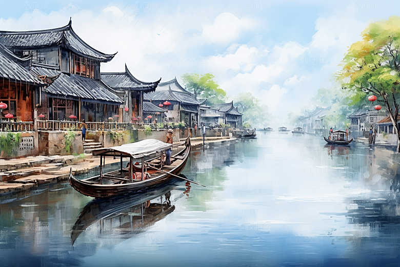 水墨江南晕染粉墙黛瓦插画