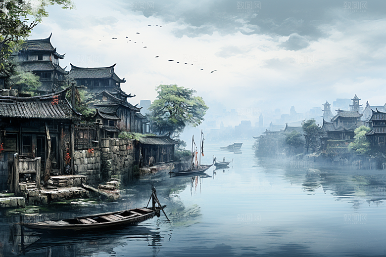水墨江南中国风水彩插画