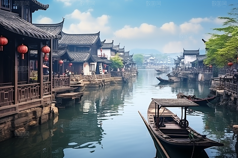 水墨江南水乡小桥流水插画